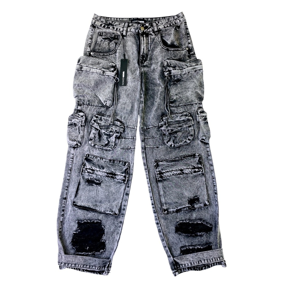 Fashion Nova Mens Acid Wash Distressed Multi Pocket Cargo Jeans Grey Black 32x31